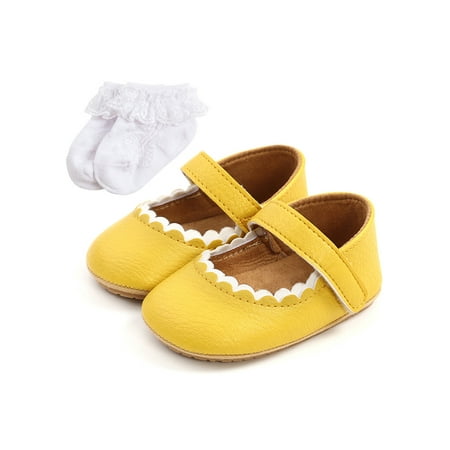 

Tenmix Newborn Crib Shoes First Walkers Mary Jane Comfort Flats Bowknot Princess Dress Shoe Toddler Fashion Breathable Yellow with Socks 6C