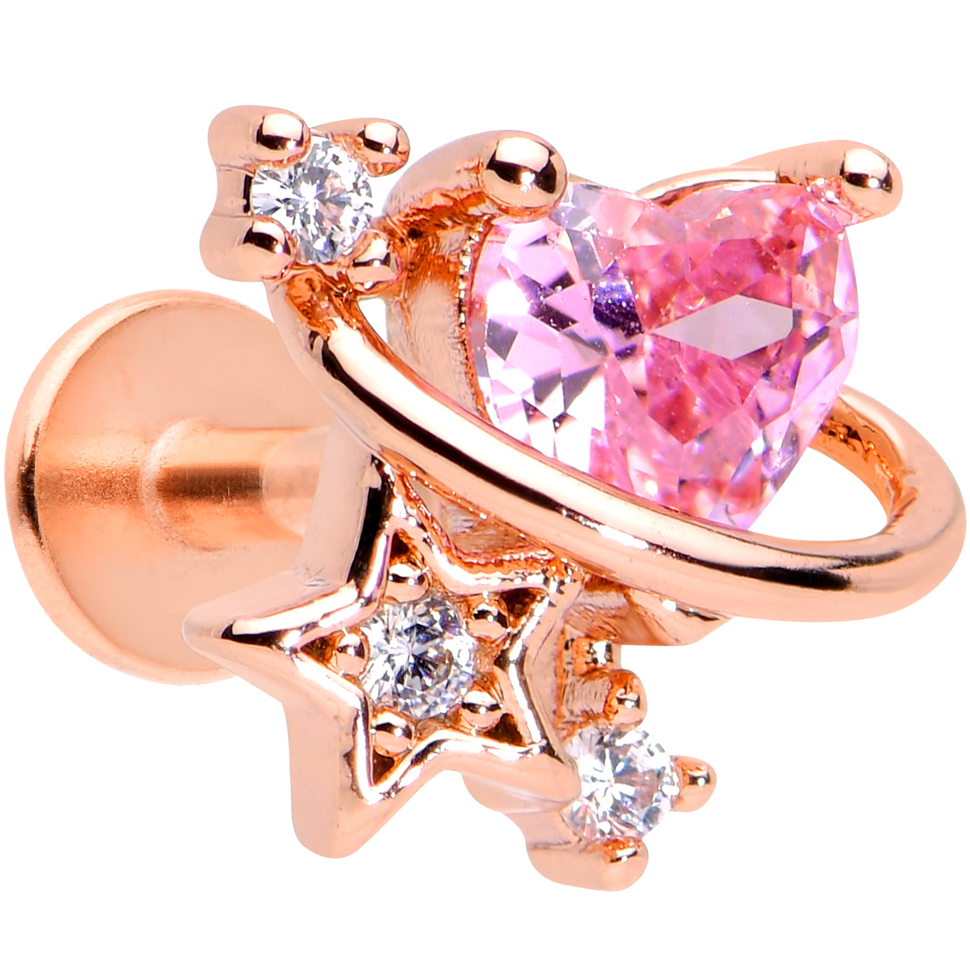 Body Candy Womens 16G PVD Steel Pink Accent Star Heart Labret Monroe Lip Ring Tragus Cartilage Stud 5/16'