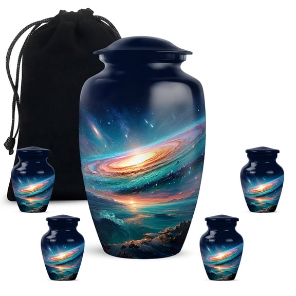 JAGASY Green Galaxy Combo Urn Set of 5, Dark Blue Small Urns for Human Ashes Keepsake, Galaxy Nebula Decorative Urns for Daughter, Cosmic Memorial Cremation Urn for Son, (1 Large, 10" & 4 Small, 3")