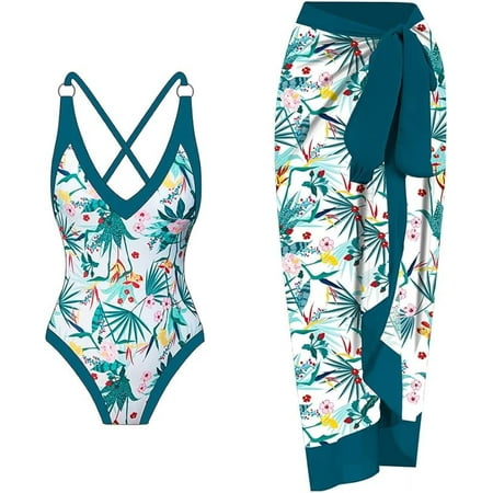 YEHOOM Women One Piece Swimsuit with Matching Cover Ups Floral Sexy Bikini Sets High Cut Push Up Two Pieces Bathing Suit