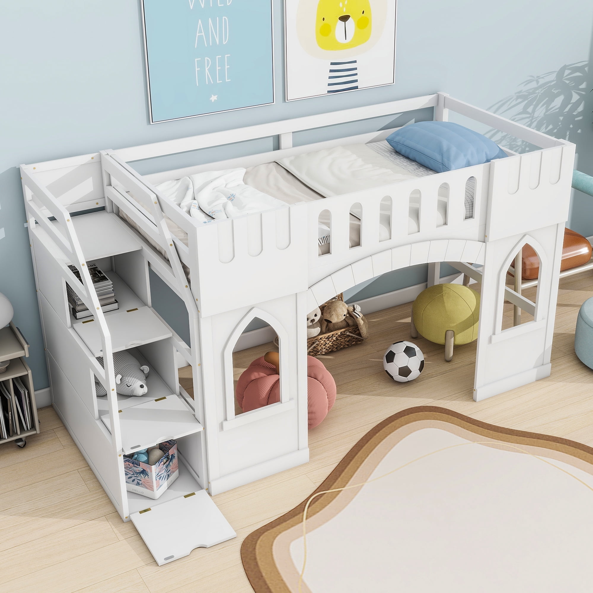Euroco Wood Twin Size Loft Bed, Castle House Bed with Storage Staircase, White