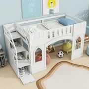 Euroco Wood Twin Size Loft Bed, Castle House Bed with Storage Staircase, White