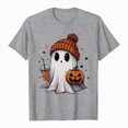 thumbnail image 5 of TOWED22 Halloween Shirts for Women Cute Ghost with Coffee Pumpkin Shirts Cute Fall Short Sleeve Graphic Tee Tops(Grey,3XL), 5 of 6