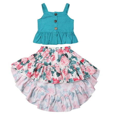 Toddler Kids Baby Girl Summer Ruffle Hem Tops + Ruffle Foral Skirt Dress Outfits Clothes Set