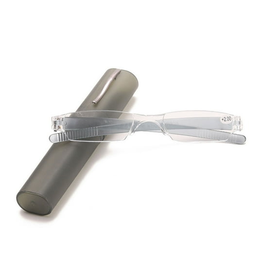 Portable Small Rectangle Gray Clear Reading Glasses 2.00 With Pen Holder for Women and Men, Plastic Light Weight Readers  2.00
