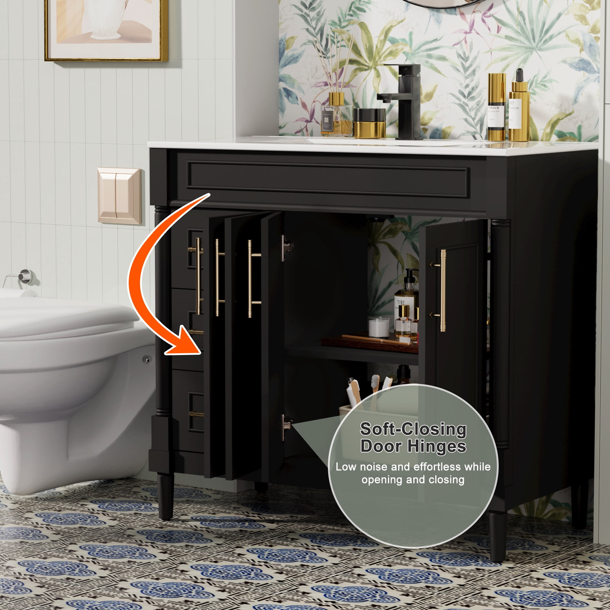 36" Freestanding Bathroom Vanity with Ceramic Sink Top, Zinc Alloy Faucet, Classic Tapered legs