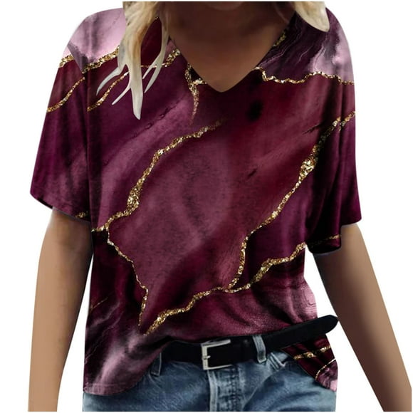 Lolmot Femmes Mode Impression Casual V-Cou Manches Courtes T-shirt en Vrac Tops