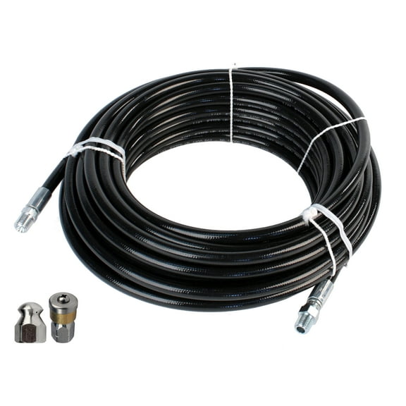 Schieffer 1/4in. x 100ft. 4400 PSI Thermoplastic Sewer Jetter Hose & 5.5 Orifice Button Nose and 5.5 Rotating Nozzles