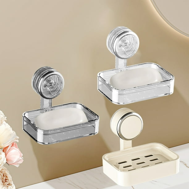 Jabonera de Pared con Ventosa - Jabonera Sin Perforaciones, Organizador de Baño de Plástico con Drenaje, Transparente/Beige/Gris, 13,6 X 12,1 X 10,7 Cm