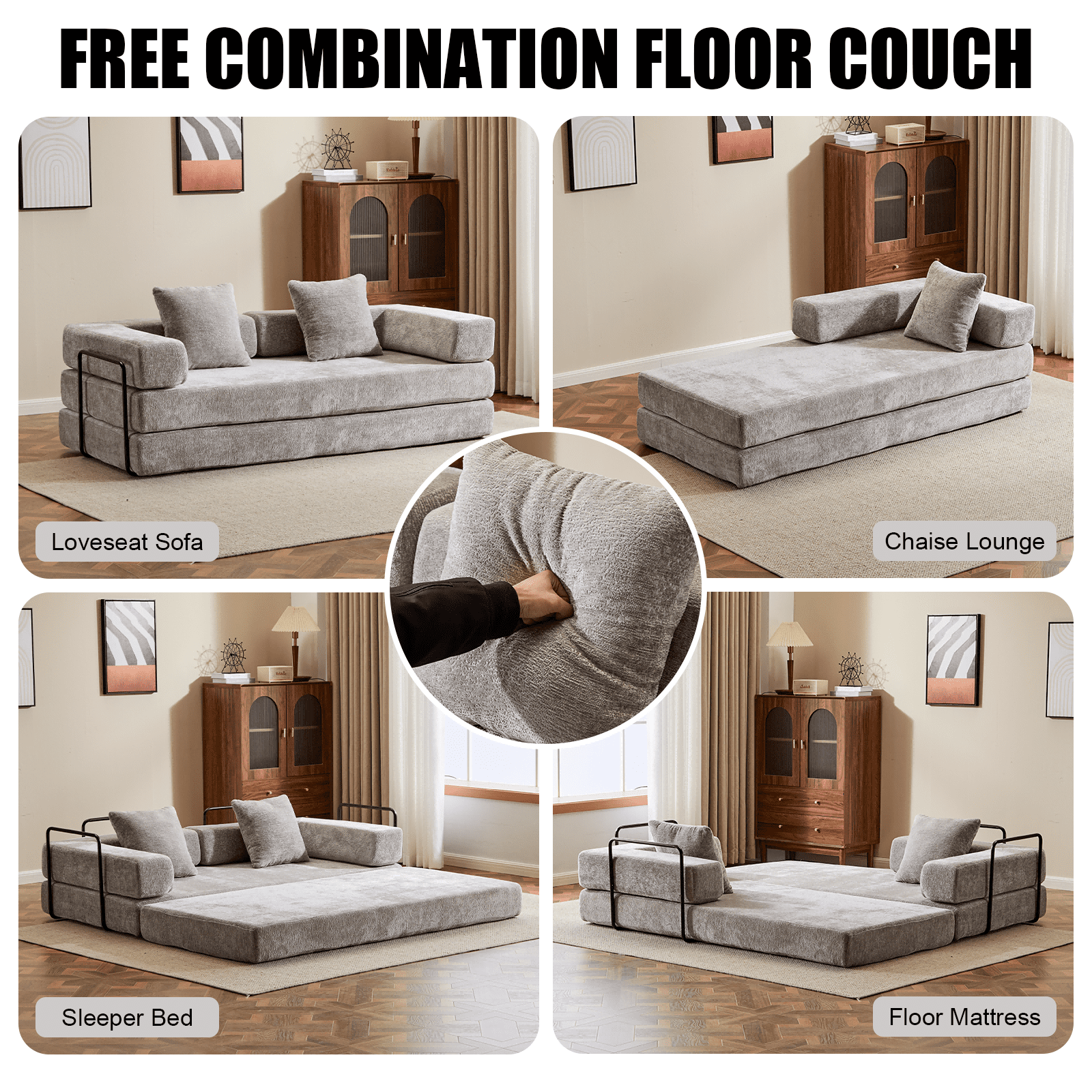 Alvantor 77" Convertible Sofa Bed, Compression Couch with 2 Pillow and Back Support Armrest for Living Room, Light Gray