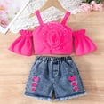 thumbnail image 4 of Girls 2Pcs Skirts Sets Outfits Summer Off Shoulder Crewneck Tops and Denim Vintage Skirts Versatile Cute Bow Print Tops School Outfits Casual Children Clothes Age 2-8 Years Pink 6-7Years, 4 of 7