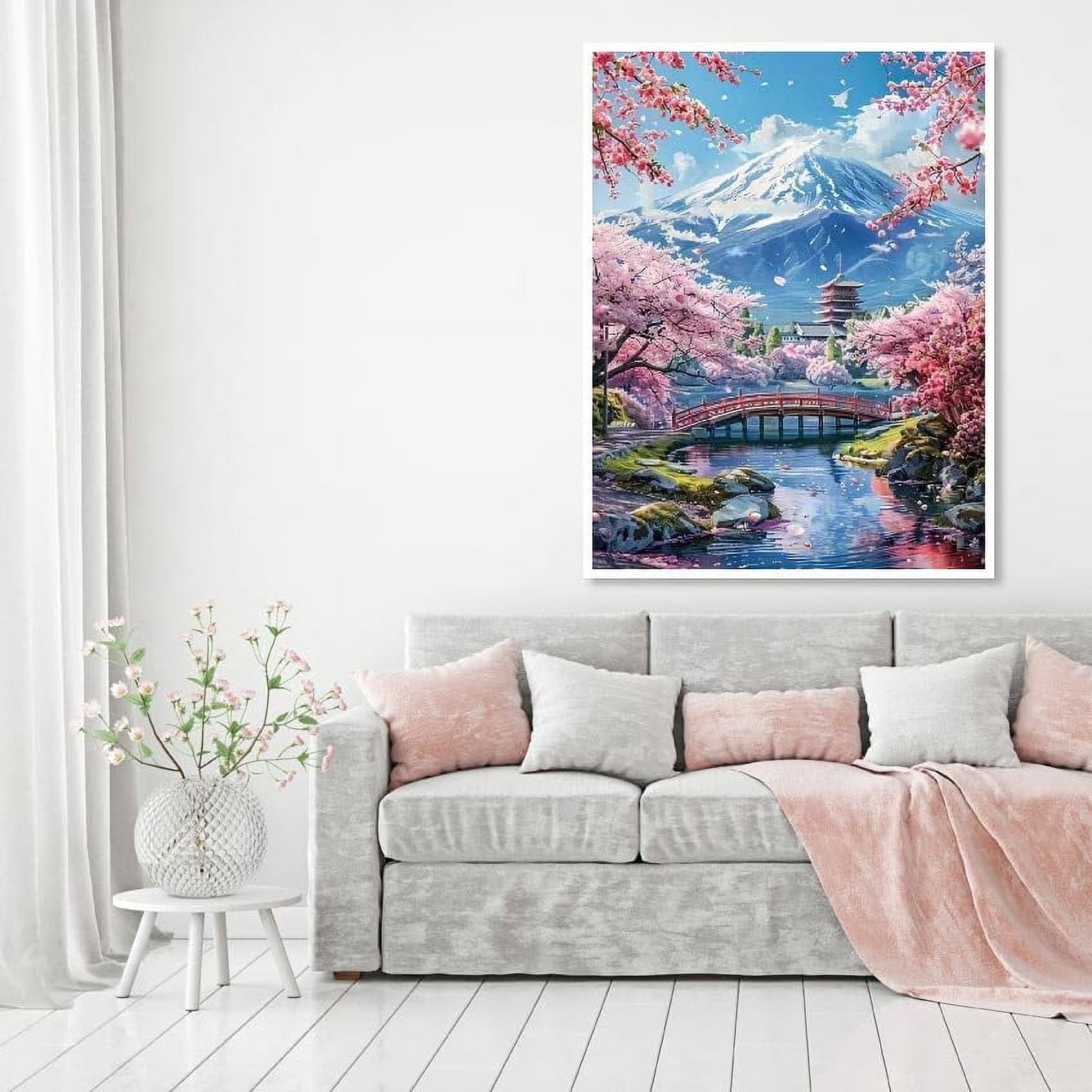 5D Mount Fuji Diamond Painting Kits for Adult, Mountain Sakura Diamond Art Kits for Beginners, DIY Full Drill Floral Diamond Dot Gem Art Kits for Home Decor 16x20 Inch Cherry(40*50cm,  No Frame)