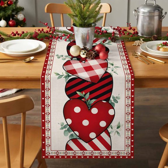 Table Runner 72 Inches Long - Valentine's Day Red Heart Eucalyptus Leaves Decorative Table Scarf, Boho Stripe Retro Linen Dining Table Runners for Wedding Party Kitchen Dining Tables