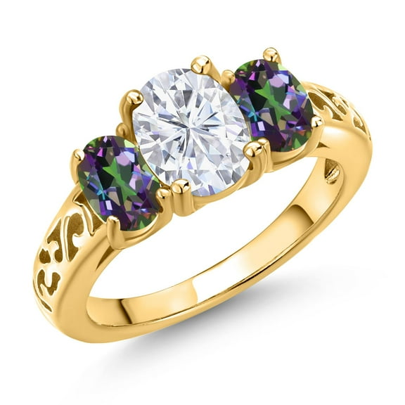 Gem Stone King 18K Yellow Gold Plated Silver White Moissanite and Green Mystic Topaz Filigree Style 3 Stone Ring for Women (2.70 Cttw, Oval 8X6MM and 6X4MM) (Size 8)