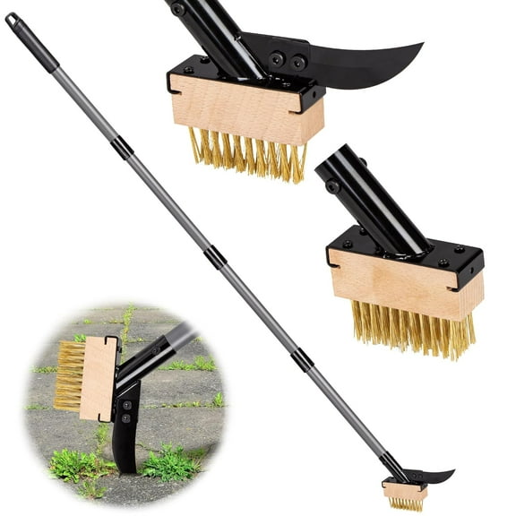 Walensee 3-in-1 Crack Weeder & Moss Remover Brush with 66.5 Inch Adjustable Handle, Wire Brush Cleaner with 2 Replaceable Heads and Scraper for Deck, Patio, Walkway, Driveway Crevice Cleaning Tool