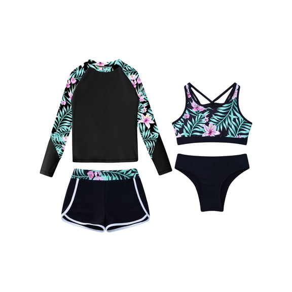 iiniim iiniim Girls Kids 4 Pieces Long Sleeve Bathing Suit UPF 50 Rash Guard Swim Sets Sport Swimsuits Black 8