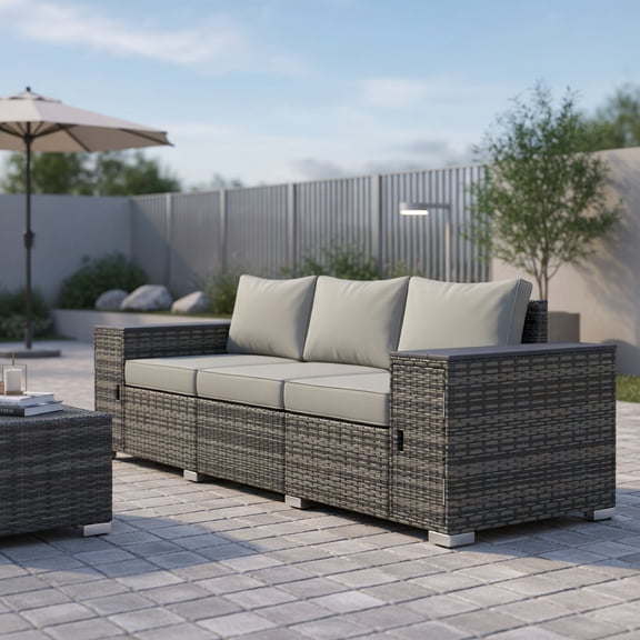 Resenkos 3-Seater Weatherproof PE Wicker Outdoor Sofa – Gray All-Weather Patio Couch with Storage Compartments, Thick Cushions & Adjustable Feet for Deck, Balcony or Yard