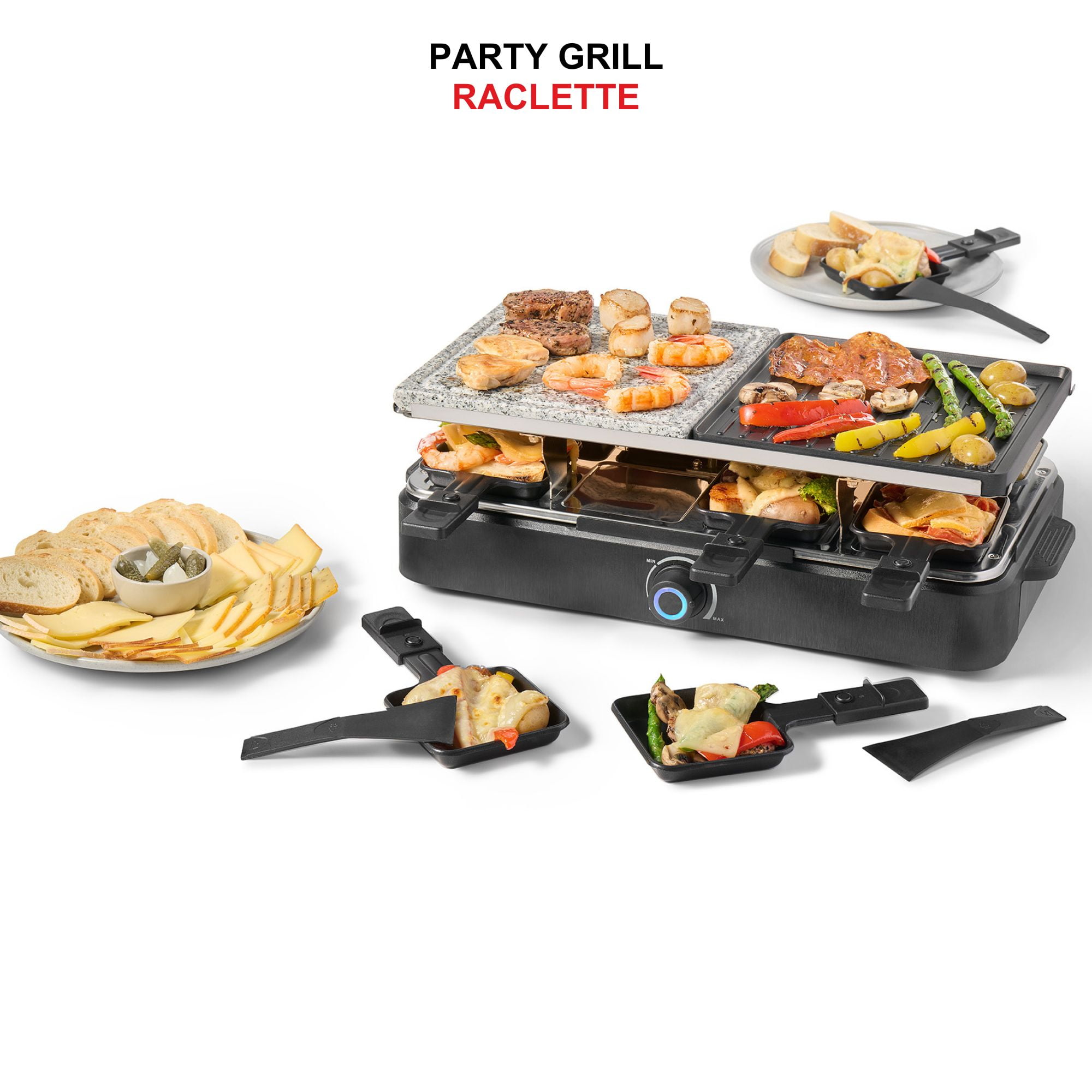 Starfrit 8-Person Raclette Party Grill, 2-in-1 Die-Cast Aluminum & Cooking Stone, Adjustable Temperature, 8 Spatulas & Dishes, 1300W, Hand Wash, Black, 2-in 1 Grill or griddle