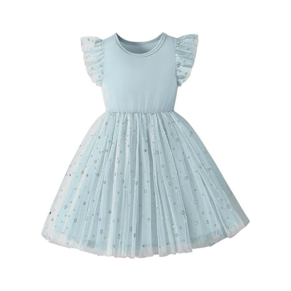 Fesfesfes Girls'Summer Solid Color Short Sleeve Crew Neck Elastic Waistband Dress with Pockets Casual Comfortable Cotton Blend Dress for Kids(Blue,5 Years)