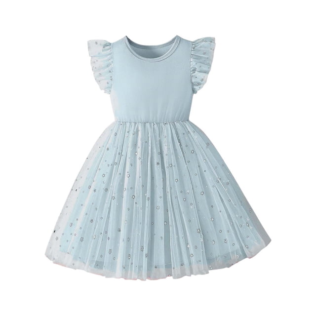 Zpanxa Robes pour Tout-Petites Filles Col Rond Manches Volantées Imprimé Étoile Maille Gonflée Polyester Robe Princesse Bleu 7 Ans