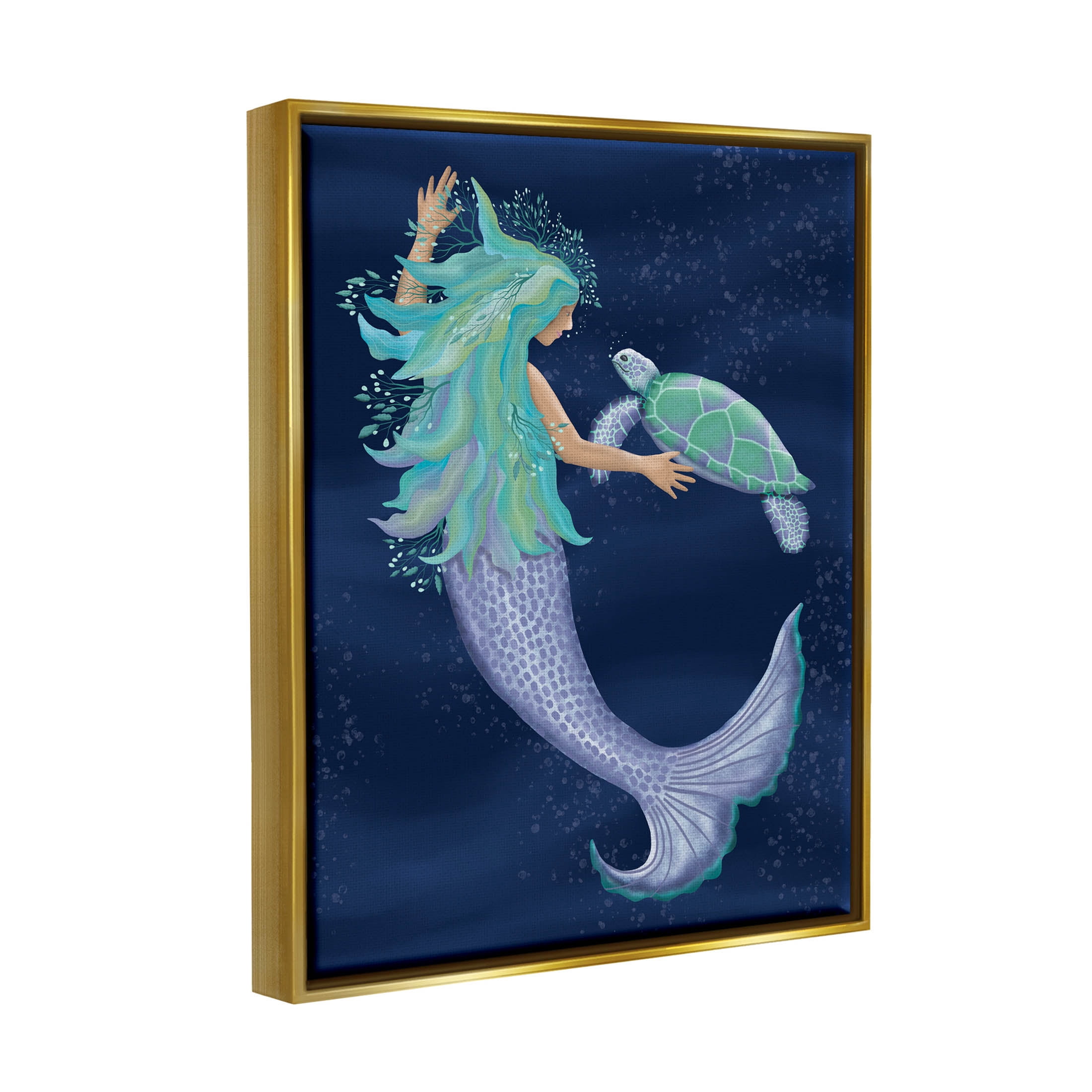 Nautical Mermaid Swimming Tortoise Fairy Tales & Fantasy Graphic Art Metallic Gold Framed Art Print Wall Art