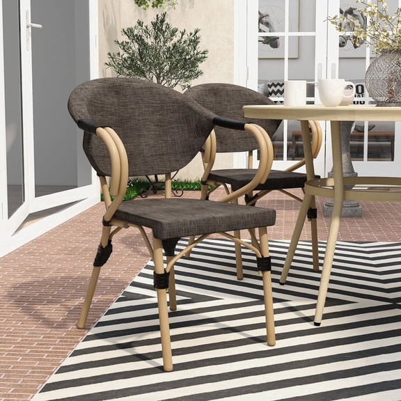Alanna Aluminum and Fabric Patio Arm Chairs, Set of 2, Brown