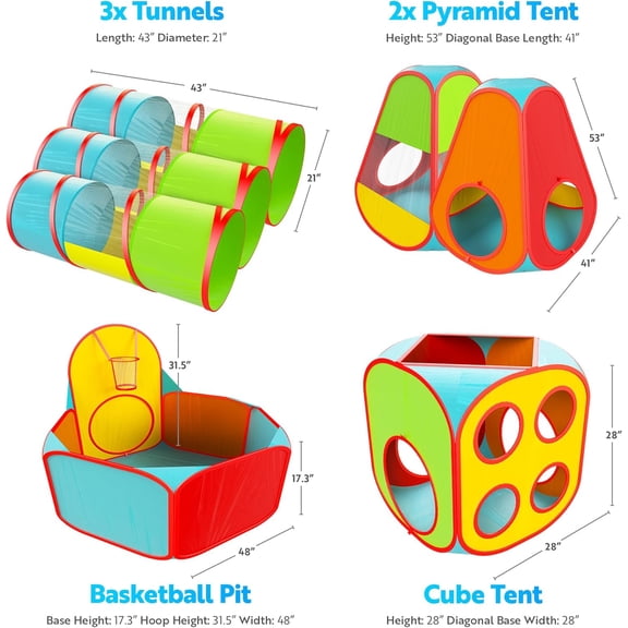 Playz 7pc Kids Play Tent with 1 Big Ball Pit for Babies, 3 Play Tunnel for Toddlers, and 3 Pop Up Tents Playhouse Bundle