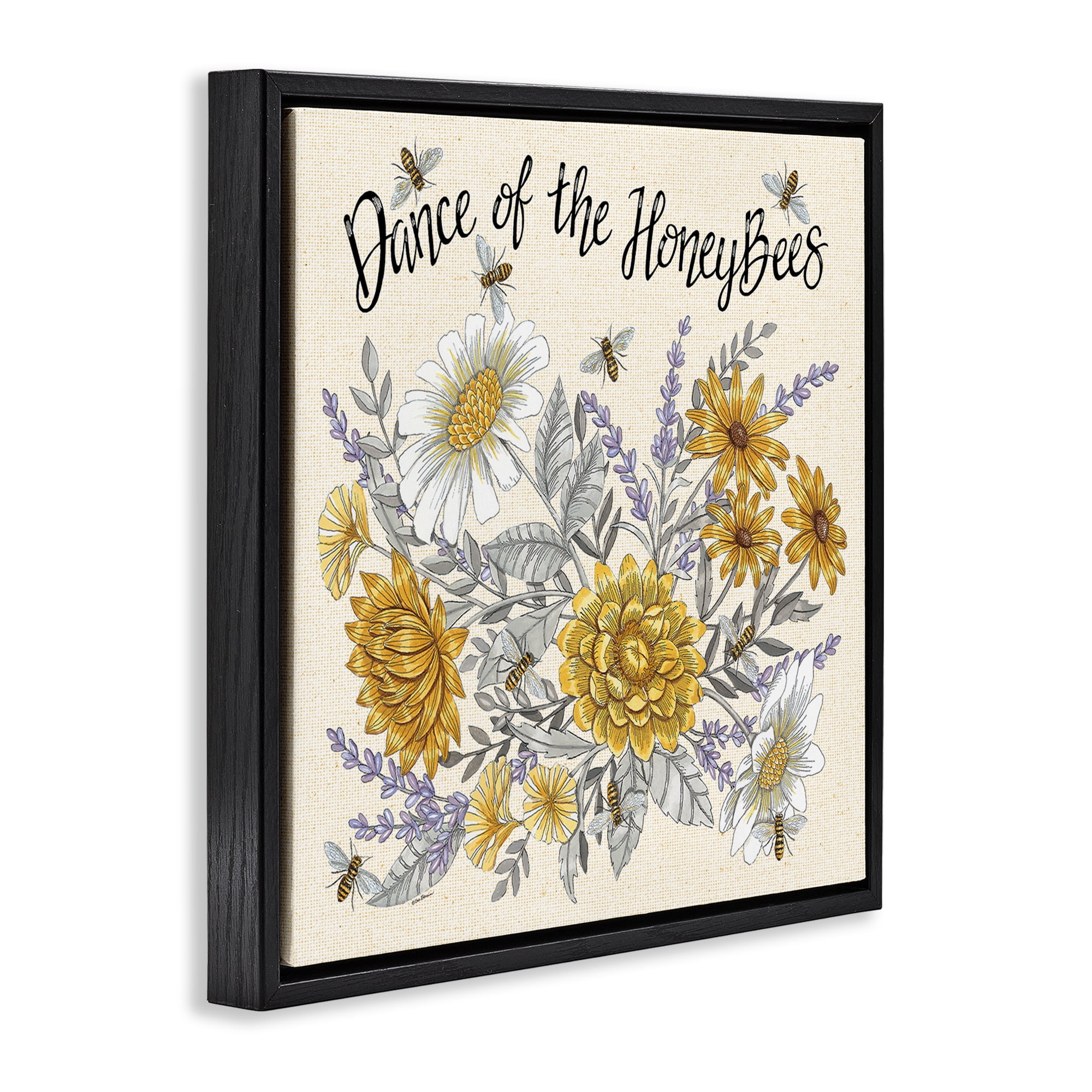Stupell Industries Dance of Honeybees Plants & Flowers Painting Black Floater Framed Canvas Art Print Wall Art, 25 x 25