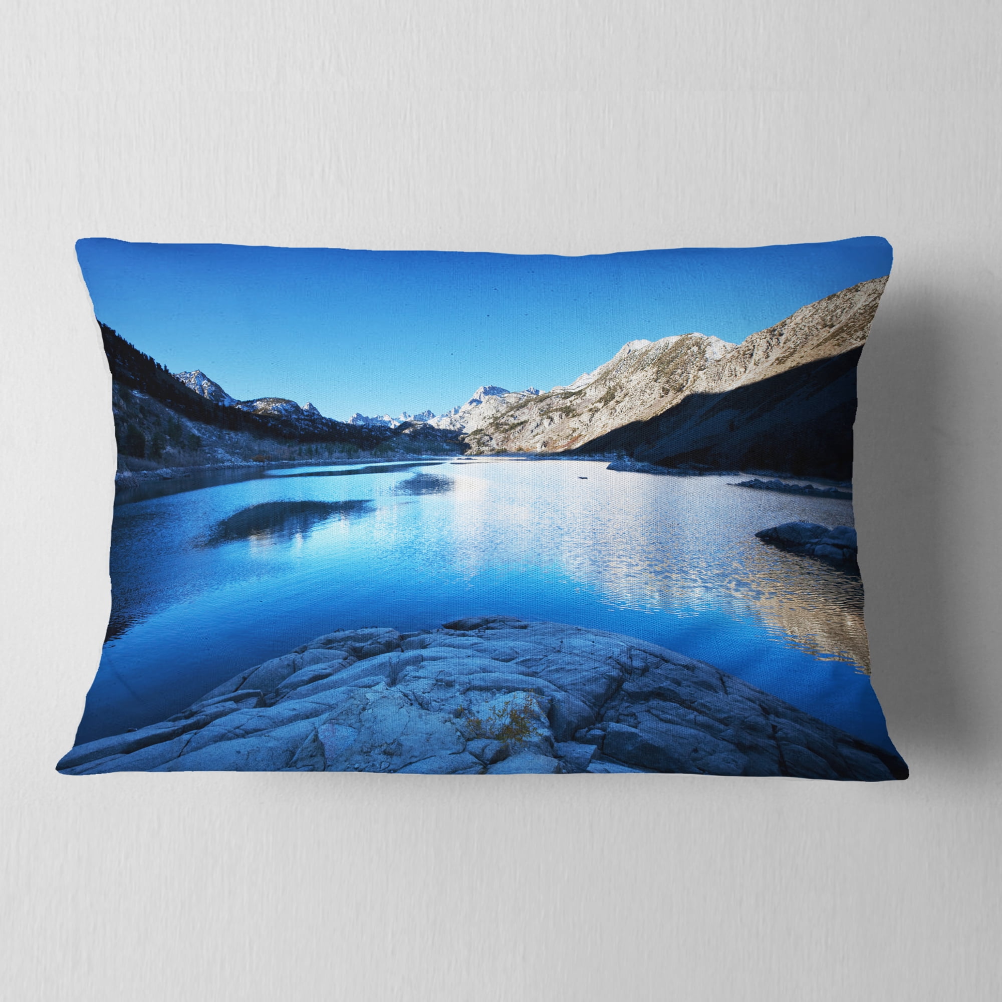 Designart Amazing Blue Mountains Lake - Modern Landscape Printed Throw Pillow - 12x20