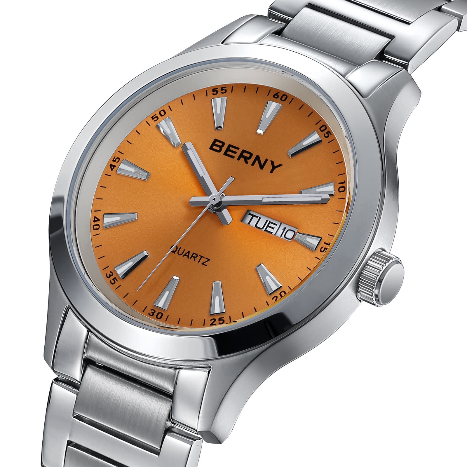 BERNY Quartz Watch for Men, Fashion Sports Wrist Watches with Solid Stainlesss Steel Case & Band, Date & Day Calendar, Casual Waterproof Men's Watches, Orange
