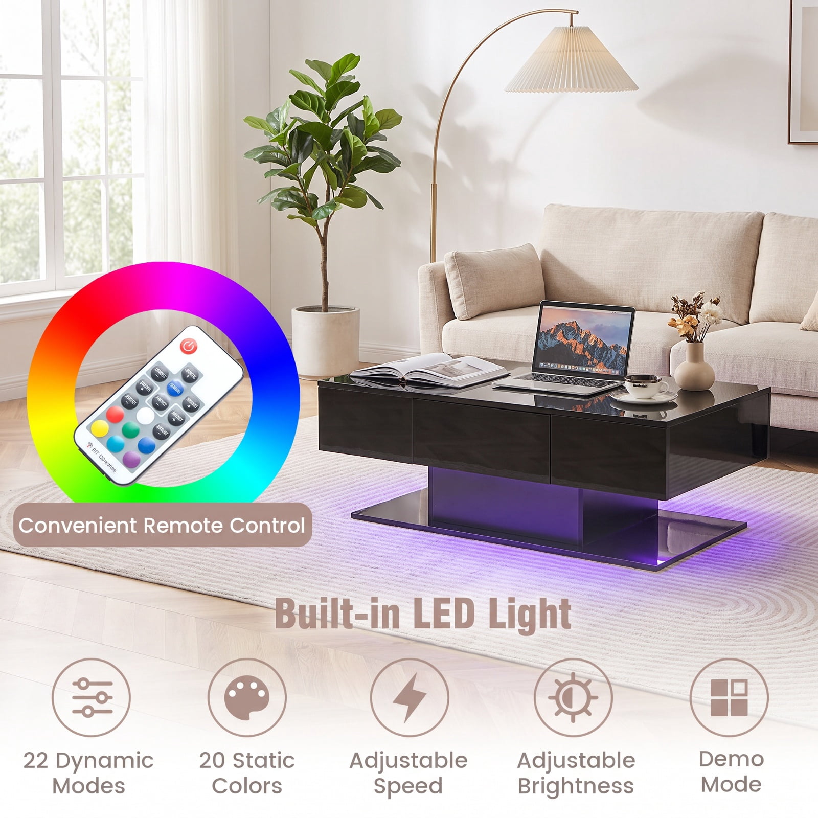 Furnibear Modern LED Coffee Table with 20 Color Lights and Remote Control for Living Room with 2 Storage Drawers and Open Shelf, Black