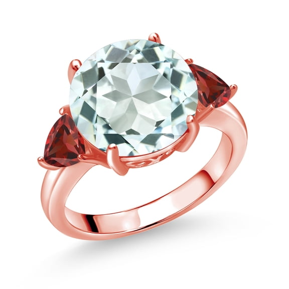 Gem Stone King 18K Rose Gold Plated Silver Sky Blue Simulated Aquamarine and Red Garnet 3-Stone Ring for Women (7.78 Cttw, Round 12MM, Trillion 5MM, Size 9)