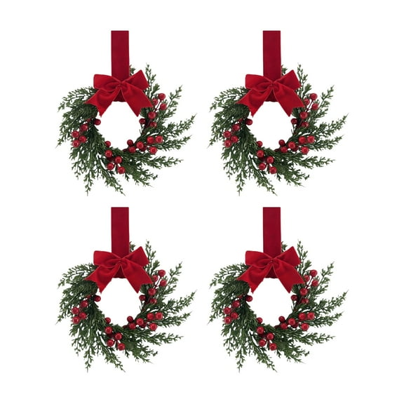 4Pcs 10.24Inch Christmas Mini Wreath for Cabinet, Artificial Snowy Cedar Garland with Bow Ribbon, Small Xmas Hanging Wreath for Kitchen Cabinets, Windows, Doors, Farmhouse Holiday Decorations