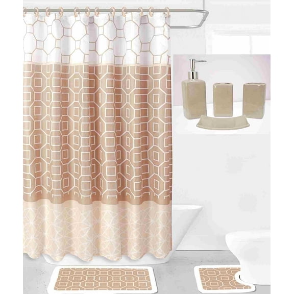 Bath Fusion Gray Ceramic Shower Curtain set, 70.00 in x 72.00 in Washable 19 Count