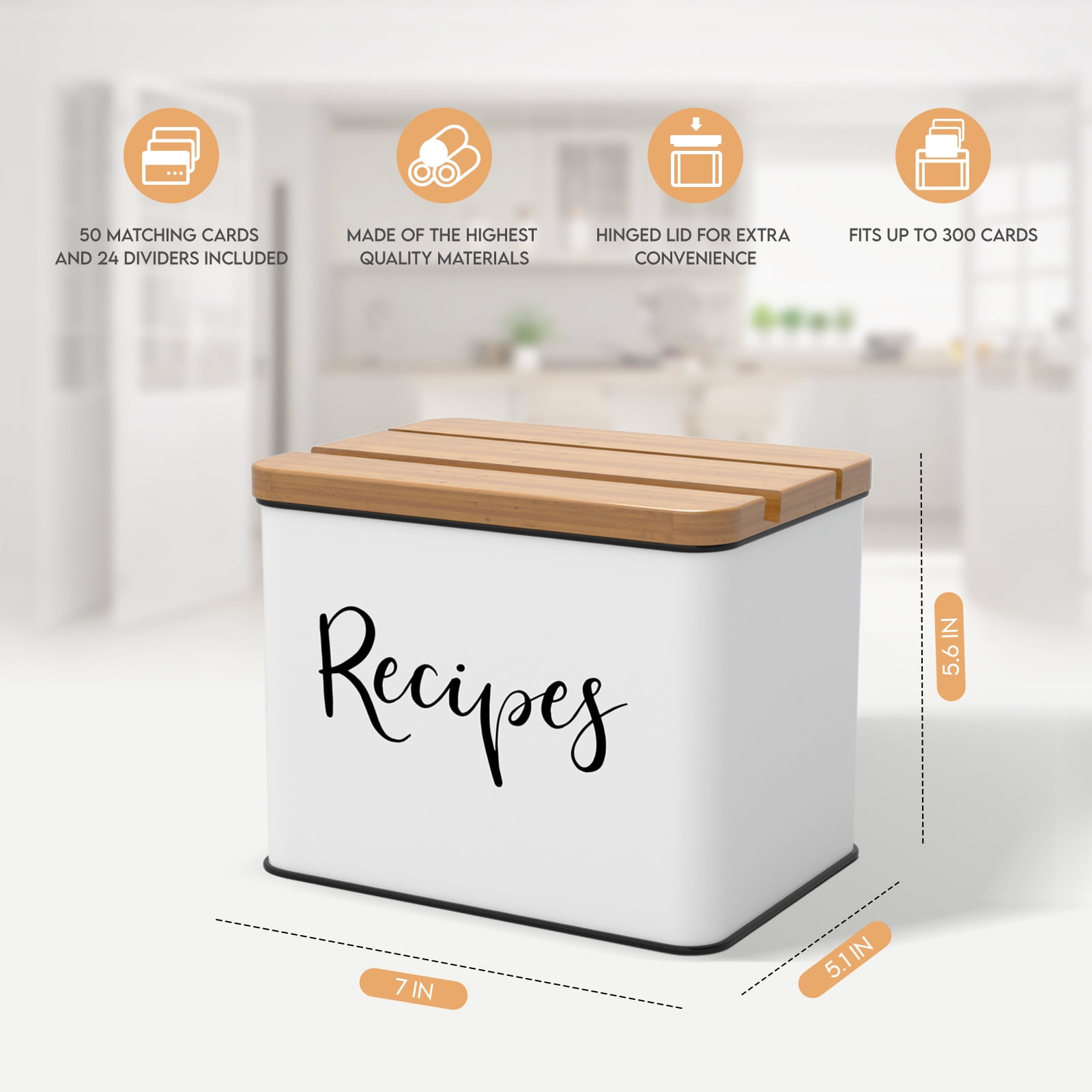 Deppon Recipe Box with Cards and Dividers, White Metal Vintage Farmhouse Design Recipe Box