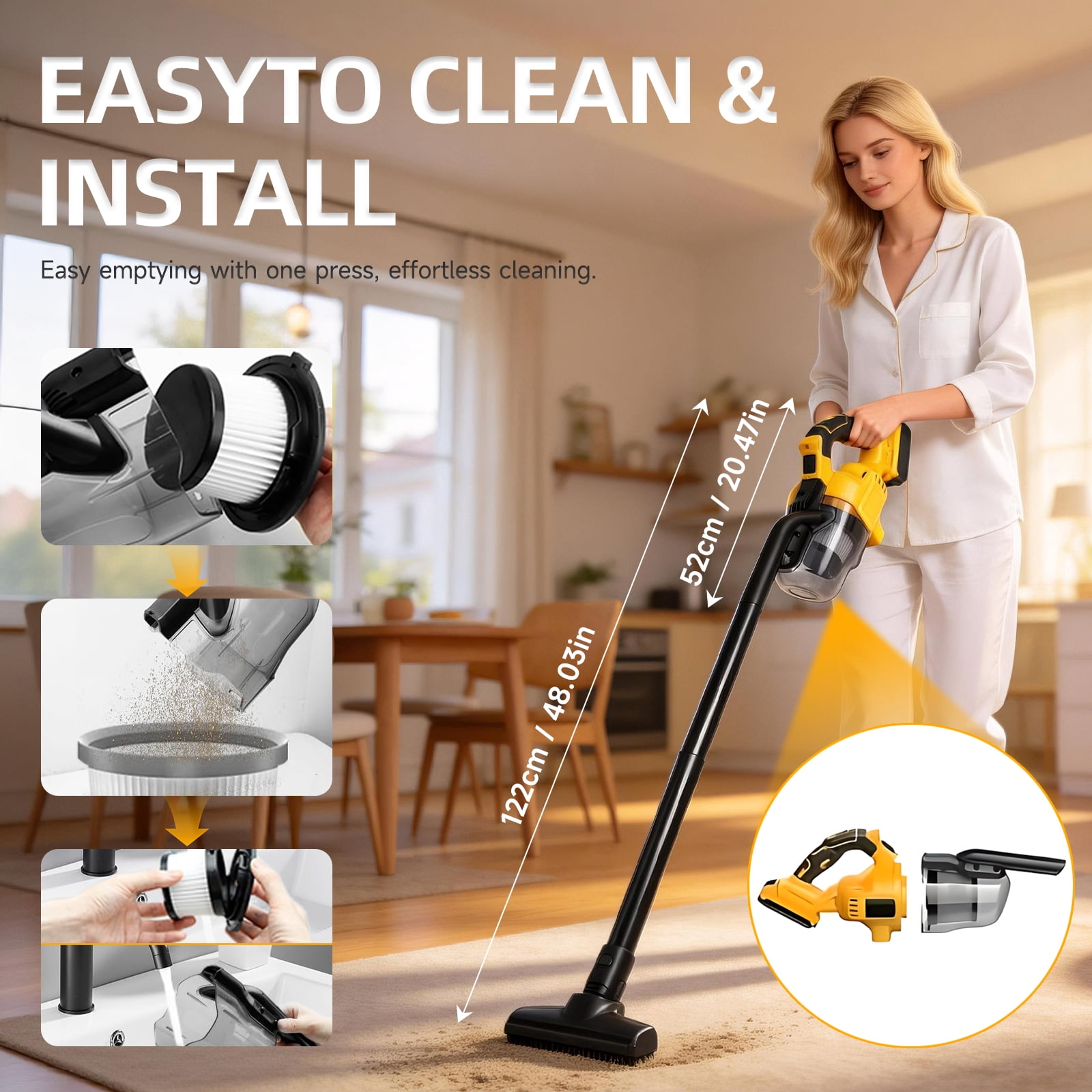 Cordless Vacuum Cleaner for Makita 18V Battery, 5-in-1 handheld vacuum with LED Light and 400W Motor for Car Floor Carpet, Yellow (Battery Not Included)