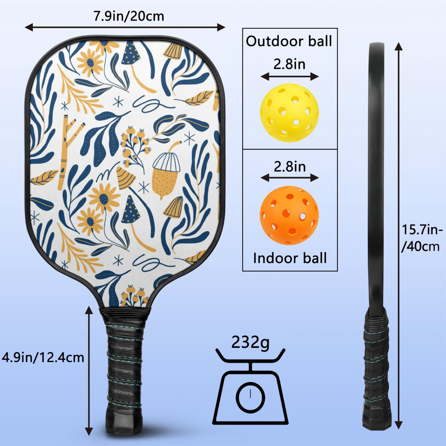 Pickleball Paddles Set Of 1, Fiberglass Surface, Floral, Flowers Print, 1 Paddle, 2 Balls & Bag
