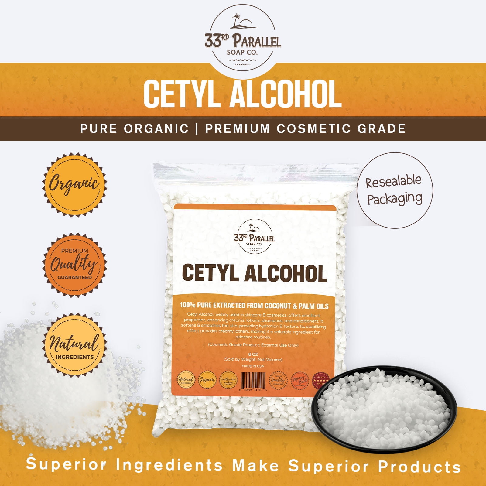 CETYL ALCOHOL ( 32 oz / 2 lbs ) 100% Pure Extracted from Coconut & Palm Oils | 32 Ounces