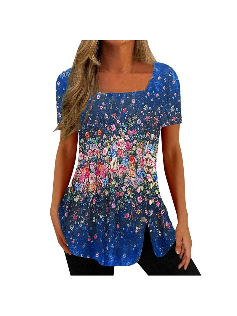COFEST Women's Slim Button Slit Hem Swing Top Clearance Vintage Summer Casual Tunic Short Sleeve Tops Clothes 2023 Square Neck Shirts Trendy Floral