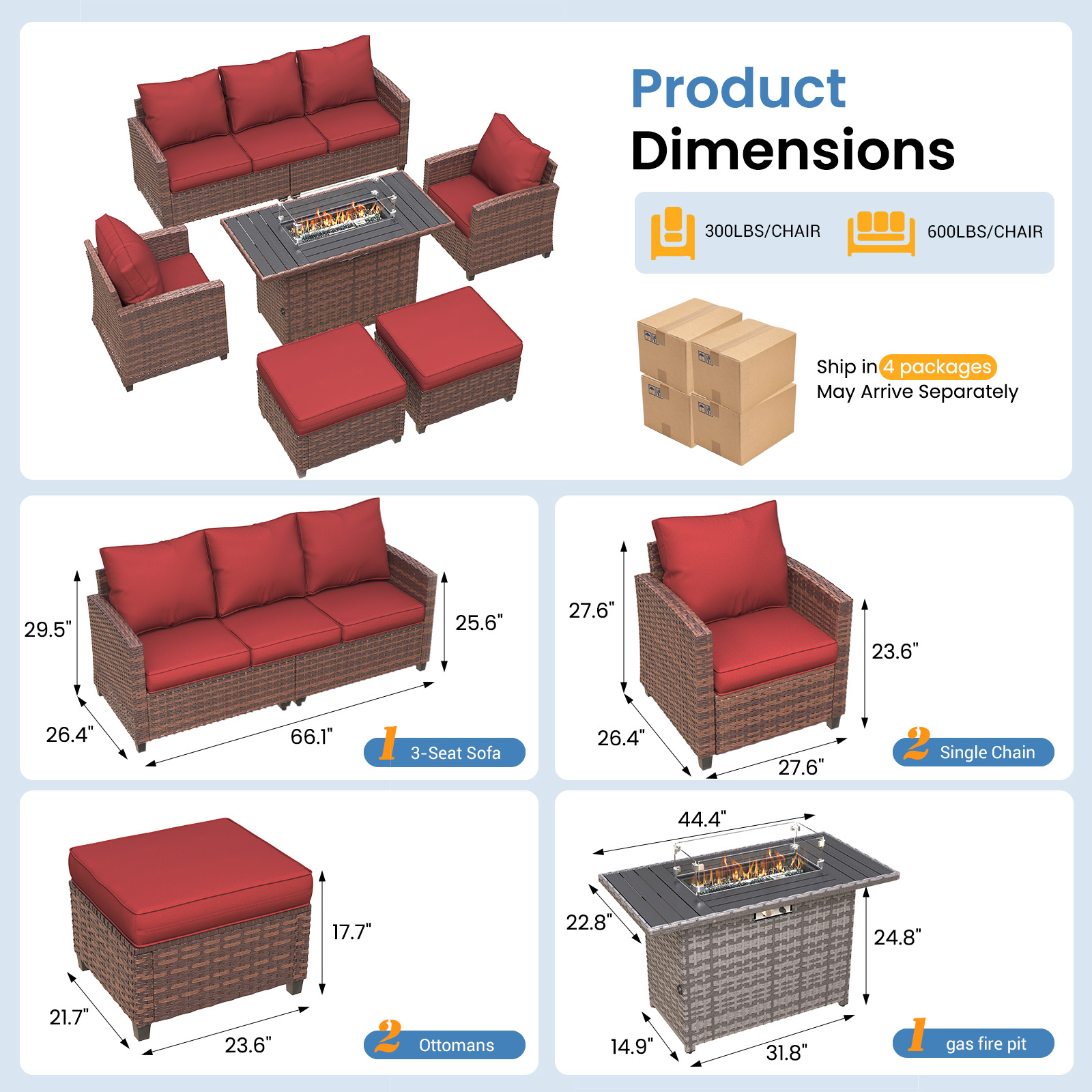 ELPOSUN Patio Furniture Sets with Fire Pit Table, 6 Pieces Outdoor Patio Sofa Set with Fire Pit Table, Wicker Rattan Outdoor Conversation Set with Ottoman for Poolside, Backyard,Brown Rattan Wine Red