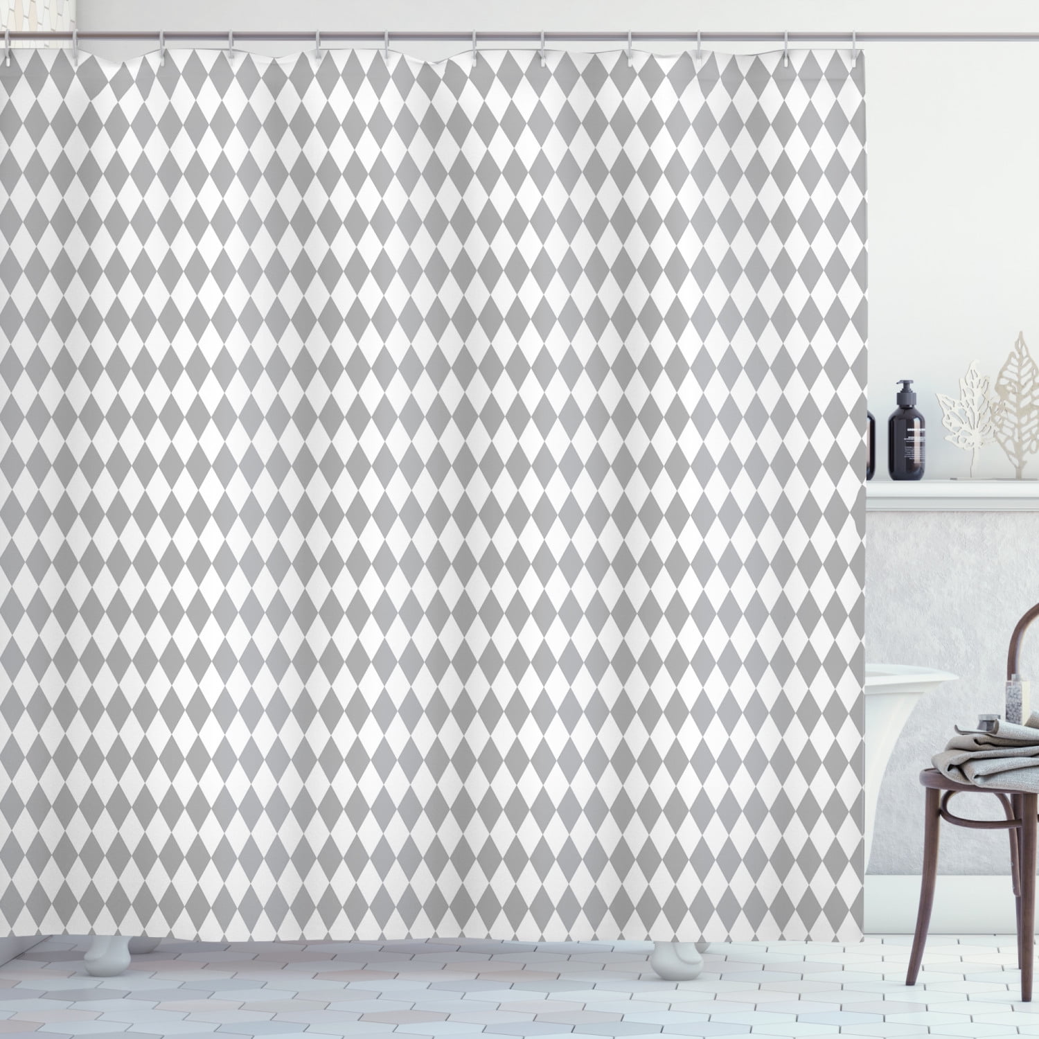 Grey Geometric Shower Curtain, Harlequin Style Pattern with Diamonds