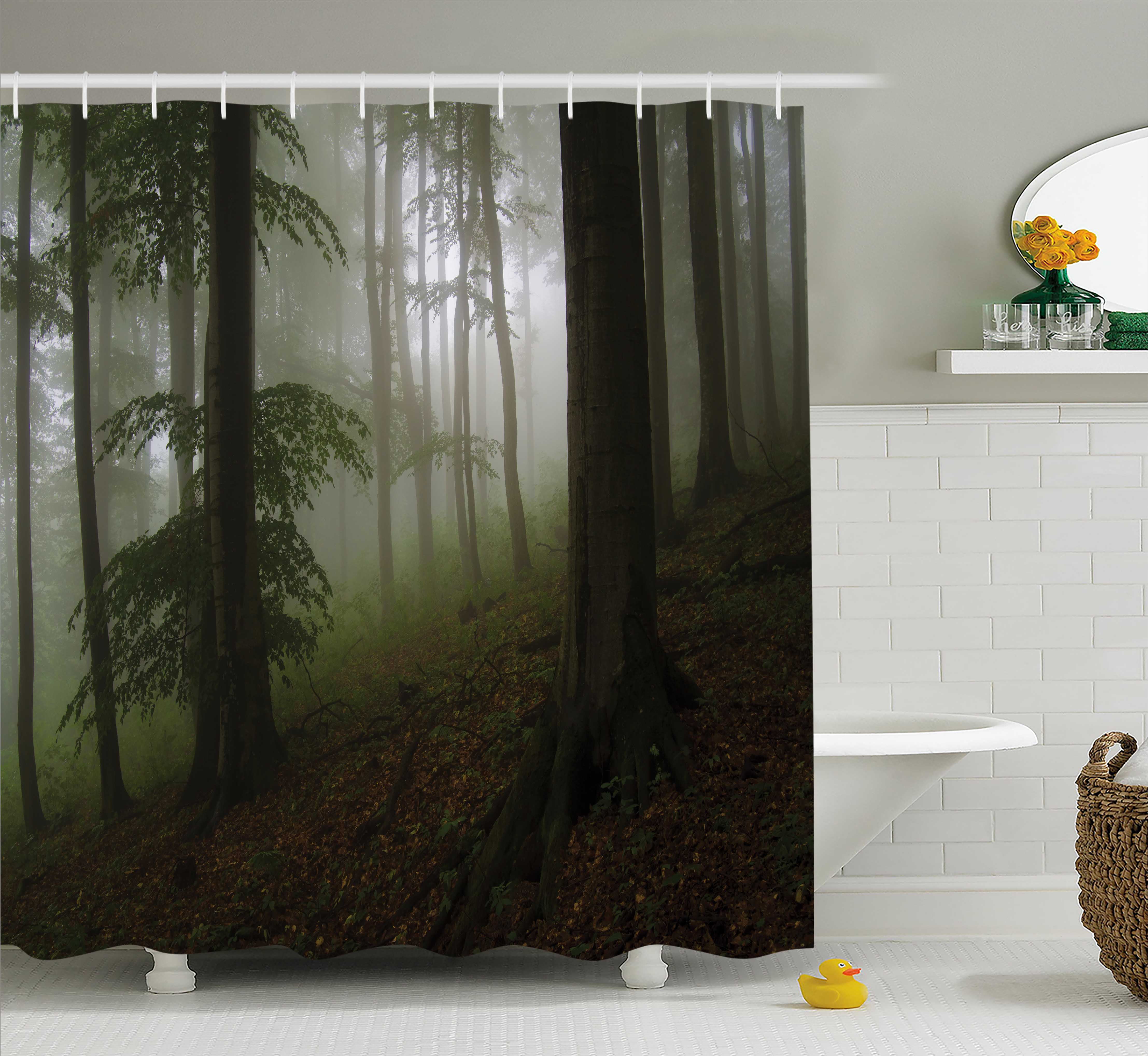 Forest Shower Curtain, Mysterious Woods with Fog Wilderness Rural