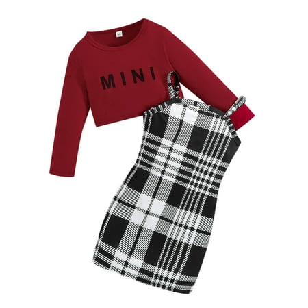 

WUXIAN Toddler Girls 2 Piece Long Sleeve Crop Tops And Plaid Print Bodycon Dress Spaghetti Strap Sleeveless Dresses Set Infants Baby Sundress Children Soft Dailywear