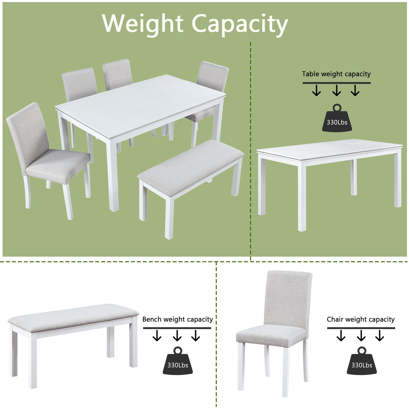 Aukfa Dining Table Set for 6, Rectangular Wood Kitchen Table W/ Crystal Decoration for Kitchen/Dining Room,White