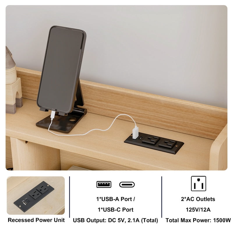 Twin Size House-Shaped Canopy Bed with Roof, Wood Kid's Floor Bed Frame with Storage Shelves, LED Lights & Charging Station