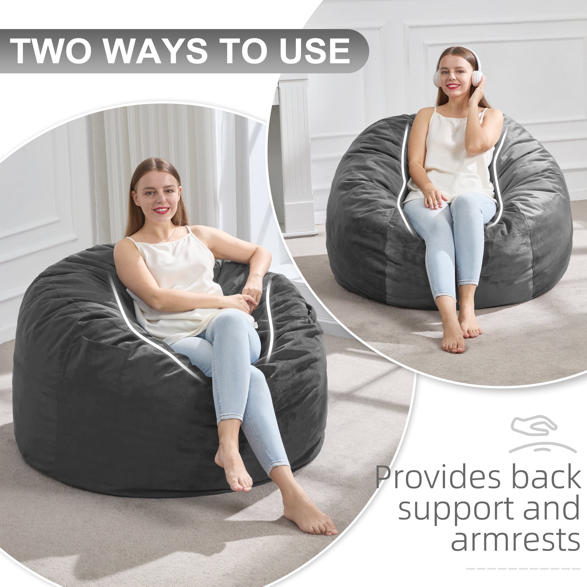 3FT Bean Bag Chair Bean Bag Chairs for Adults Giant Bean Chairs with Velvet Cover, Memory Foam BeanBag Chair Fluffy BeanBag Chairs for Living Room, Bedroom - Grey (36" x 36" x 22")