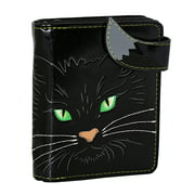 Shagwear Fluffy Cat Pattern Small Zipper Womens Wallet, Black Faux Leather, Adult