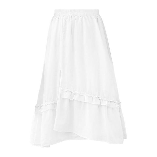 Falda midi Prolriy para mujer, dulce falda de encaje de doble capa, fluida, fina, de línea A, de cintura alta, de longitud media, para mujer, blanca, L