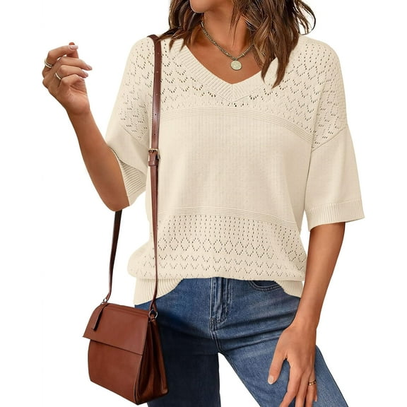 Women's Short Sleeve Sweater Tops Spring Summer Casual V Neck Ribbed Knit Trendy Eyelet Blouse T Shirts Apricot