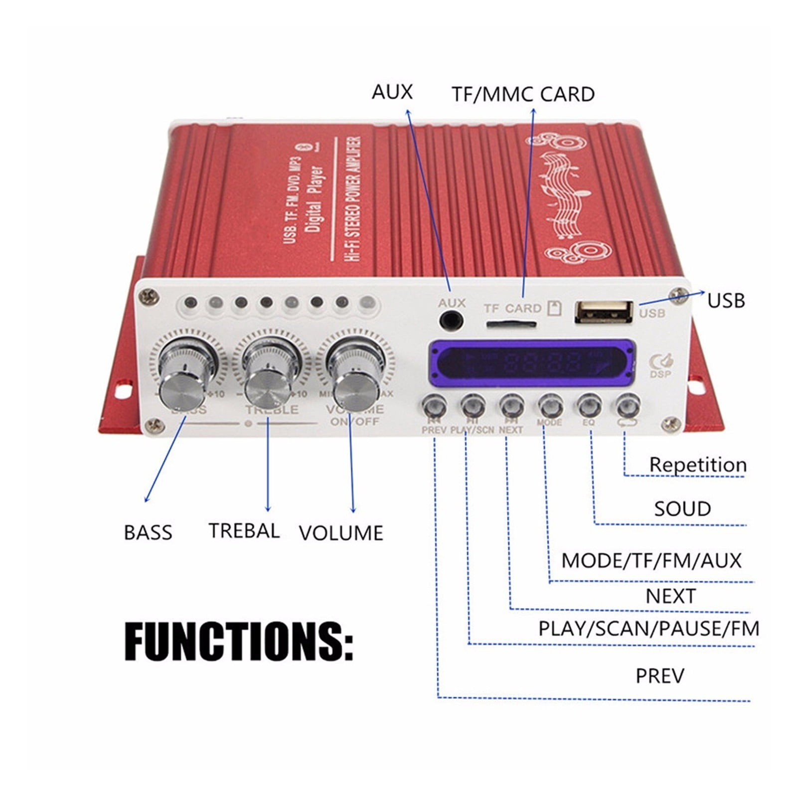Mini Bluetooth Hi-Fi Stereo Bass Booster MP4 12V For Car Motorcycle Amplifier Metal Audio Processor